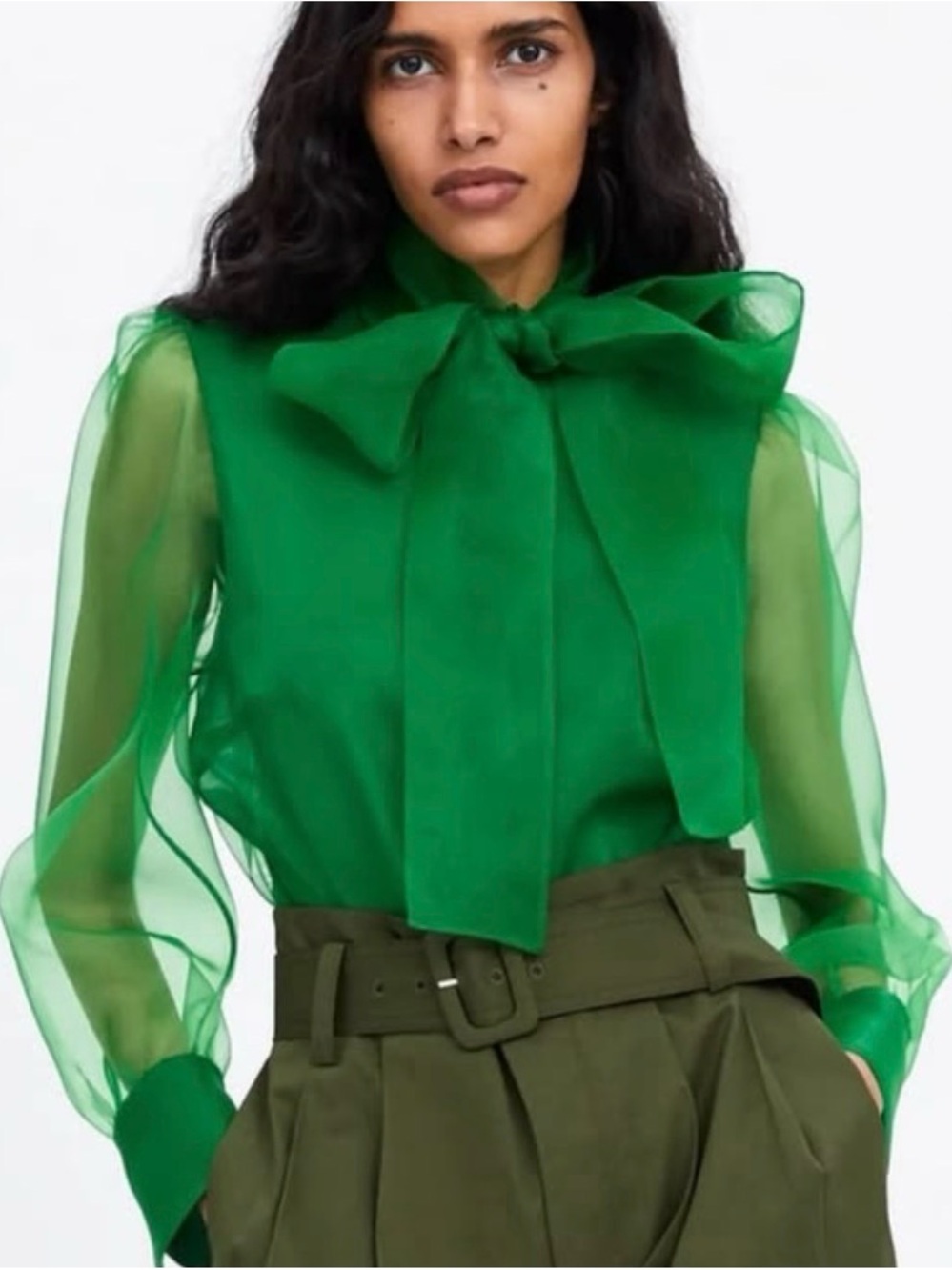 Zara XS Sheer Bow-Tie Green Blouse - Women